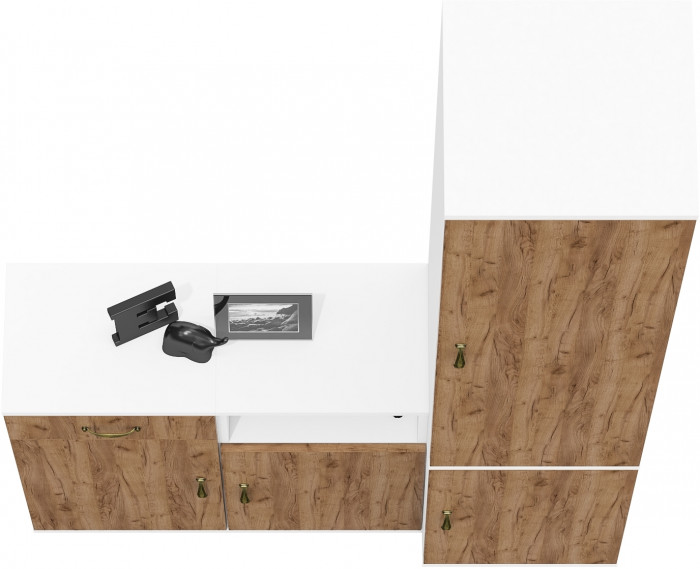 Лидер-8 Пенал МД 21Б + Тумба МД 3.15 + Тумба МД 3.19, цвет белый шагрень/крафт золото, ШхГхВ 120х37,5х190 см., универсальная сборка