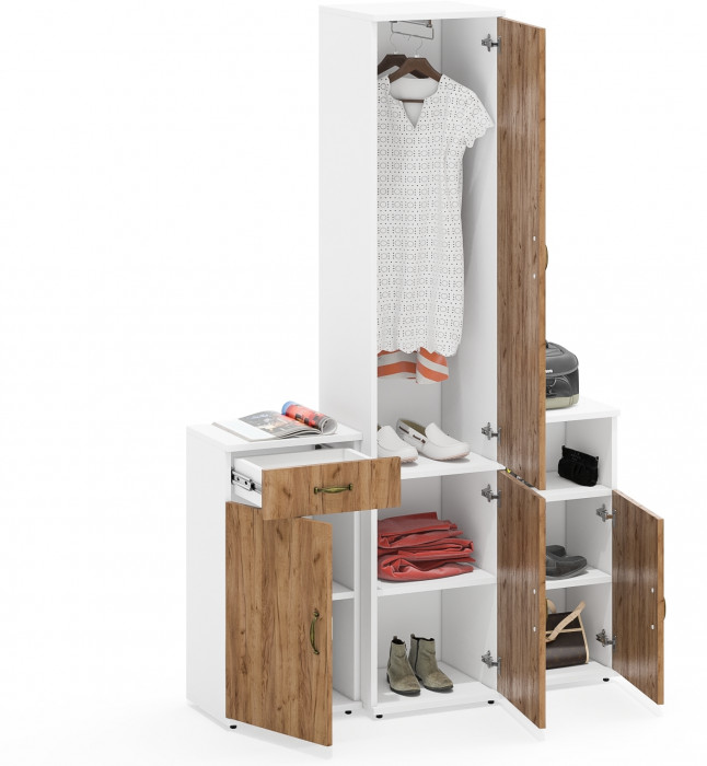 Лидер-8 Пенал МД 21Б + Тумба МД 3.15 + Тумба МД 3.19, цвет белый шагрень/крафт золото, ШхГхВ 120х37,5х190 см., универсальная сборка