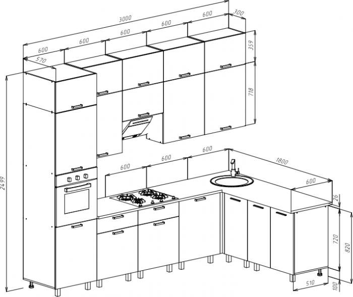 Кухня Техно 3,0х1,8/1080м Компоновка №6, Белый/Олива глянец