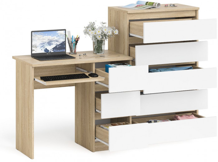 Мори Стол компьютерный МС-6 правый + Комод МК700.5, цвет дуб сонома/белый, ШхГхВ 160,4х50х114 см., выдвижные ящики справа, НЕ универсальная сборка