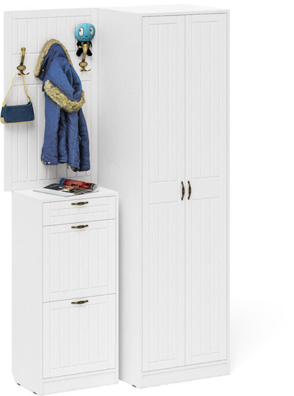 Прихожая П-6 Компоновка № 18, белая шагрень/фасады МДФ белое дерево фрезеровка прованс