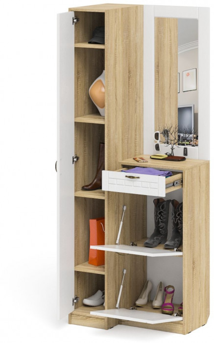 Прихожая П-6 Компоновка № 43, цвет дуб сонома/фасады МДФ белое дерево фрезеровка прованс, ШхГхВ 80х50х210 см., универсальная сборка