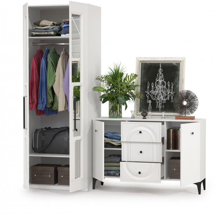 Валенсия Спальня 13.309 Комод + 13.329 Шкаф для одежды, ЛДСП белый шагрень/МДФ белый шагрень