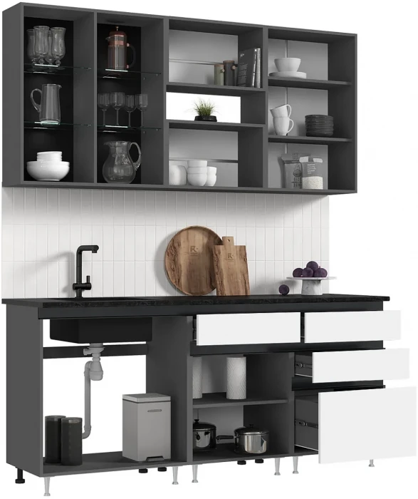 Кухня Техно-6 2,0м Графит/Белый снег софт/Графит софт