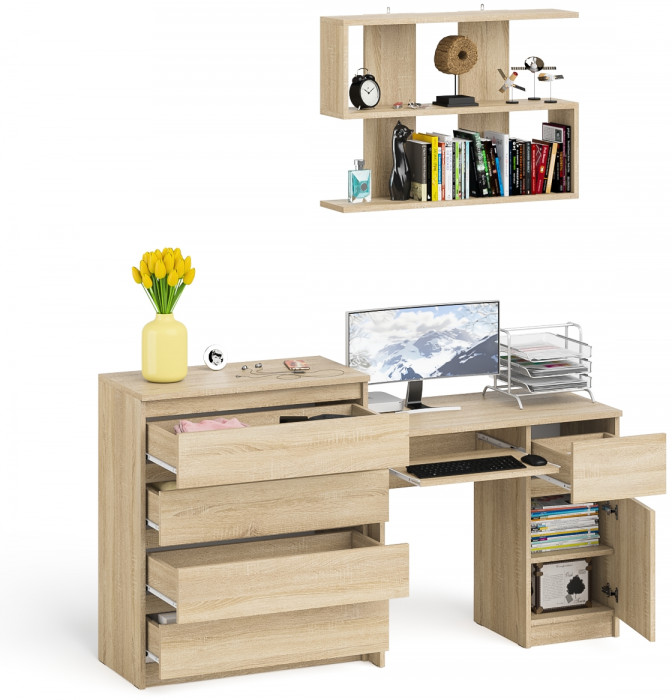Мори компьютерный стол МС-1 правый + Комод МК800.4 + Полка 900, дуб сонома