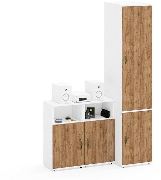 Лидер-8 Пенал МД 23Б + Тумба МД 3.19 + Тумба МД 3.19, цвет белый шагрень/крафт золото, ШхГхВ 120х50х190 см., универсальная сборка