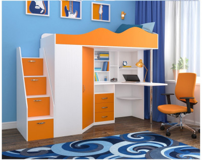 Кровать-чердак Пионер 1 (Белое дерево/Оранжевый)