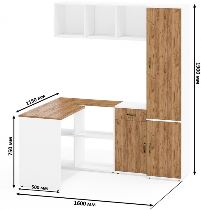 Лидер-8 Стол + Полка + Тумба МД 3.15 + Пенал МД 21Б, цвет белый шагрень/крафт золото, ШхГхВ 245х50/37,5х75/190 или 115х160/50х75/190 см., НЕ ун. сб.