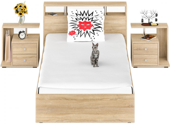 Камелия Кровать 1400 + две тумбы, цвет дуб сонома, ШхГхВ 256х217х78,2 см., сп.м. 1400х2000 мм., без матраса, основание есть