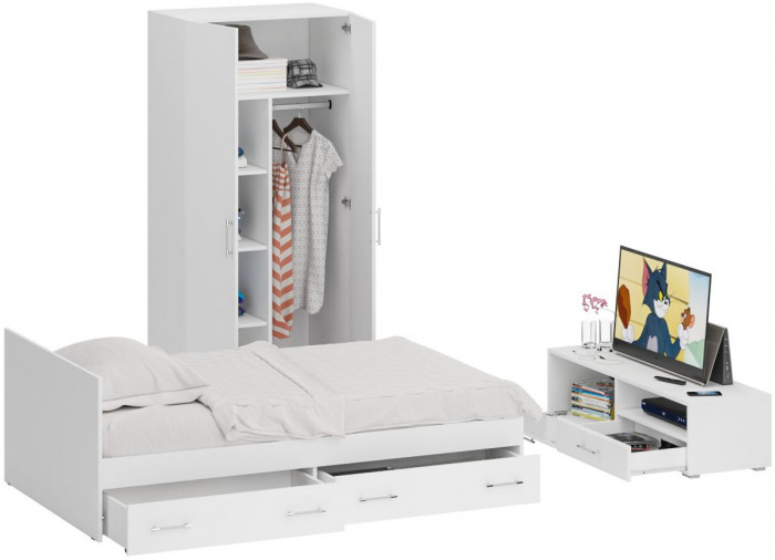 Спальня Стандарт 3-1200Я, белый/фасады ТВ тумбы МДФ белый глянец