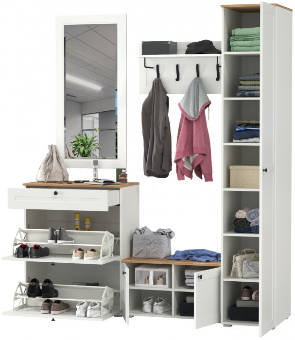 Остин Прихожая 45, цвет белый шагрень/дуб крафт золотой, ШхГхВ 200х54,3х229,6 см., универсальная сборка