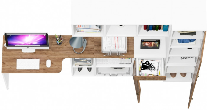 Лидер-8 Стол + Полка + Тумба МД 3.15 + Пенал МД 22Б, цвет белый шагрень/крафт золото, ШхГхВ 245х50/37,5х75/190 или 115х160/50х75/190 см., НЕ ун. сб.