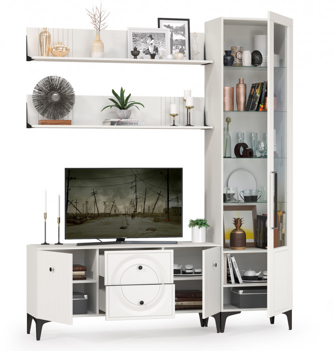 Валенсия Гостиная № 056, цвет ЛДСП белый шагрень/МДФ белый шагрень, ШхГхВ 188,1х38,3х225,2 см., универсальная сборка