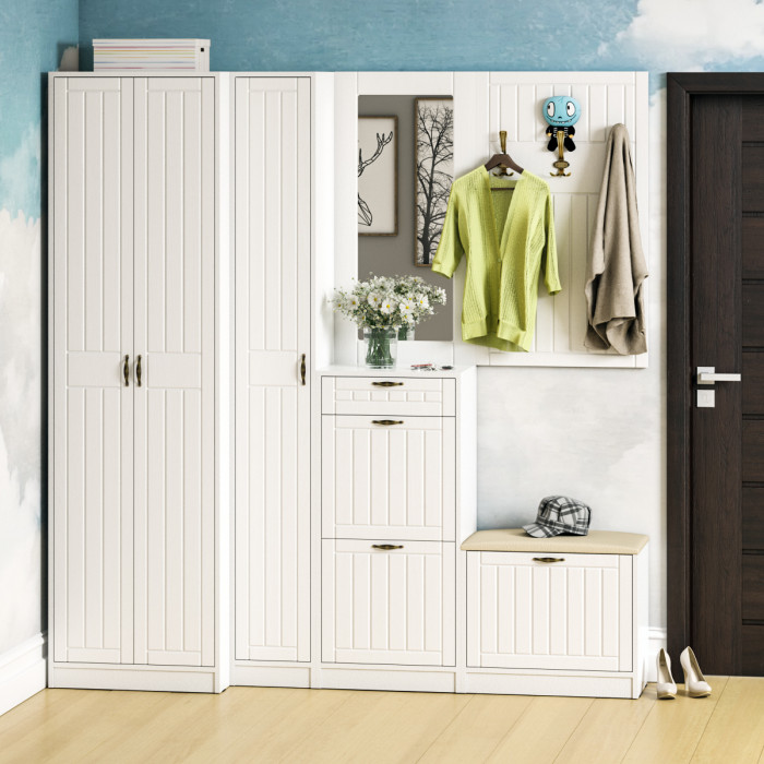 Прихожая П-6 Шкаф, цвет белая шагрень/фасады МДФ белое дерево фрезеровка прованс, ШхГхВ 60х50х210 см.