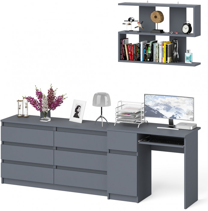 Мори Стол компьютерный МС-1 левый + Комод МК1380.6 + Полка 900, цвет графит, ШхГхВ 228х50х209,6 см., НЕ универсальная сборка