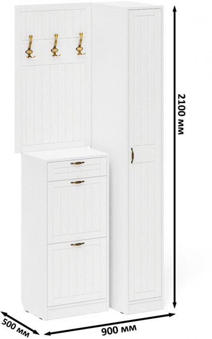 Прихожая П-6 Компоновка № 44, цвет белая шагрень/фасады МДФ белое дерево фрезеровка прованс, ШхГхВ 90х50х220 см., универсальная сборка