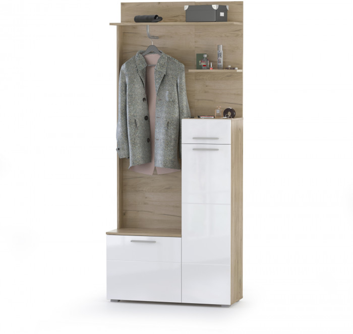 Лайн Прихожая № 03, дуб крафт серый/фасады МДФ белый глянец