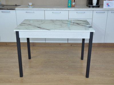 Альфа фотопечать стол обеденный раздвижной / белый мрамор/бетон белый/черный