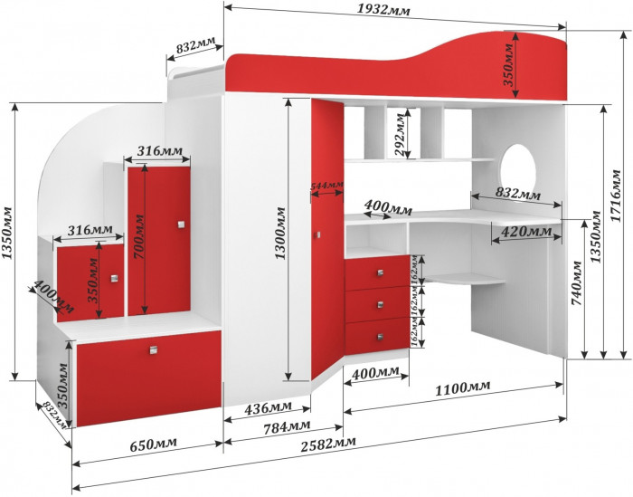 Кровать-чердак Кадет 1 (Ясень Анкор Темный/Белое дерево)