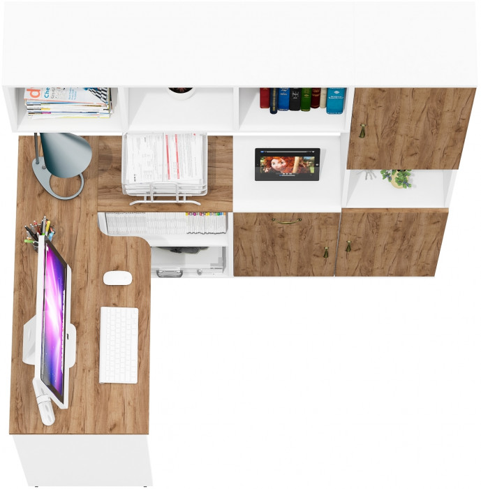 Лидер-8 Стол + Полка + Тумба МД 3.15 + Пенал, цвет белый шагрень/крафт золото, ШхГхВ 370х50/30х75/190 или 230х50/120х75/190 см., НЕ универс. сб.