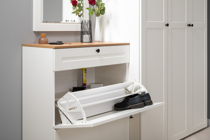 Остин 16.221 Комод + 16.121 Тумба для обуви + 16.121 Тумба для обуви, цвет белый шагрень/дуб крафт золотой, ШхГхВ 280х41,9х99,3 см., ун. сборка