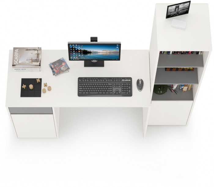 Торонто 12.149 Стол + 13.13 Шкаф комбинированный, цвет белый шагрень/стальной серый, ШхГхВ 160х53,1х149,7 см., универсальная сборка