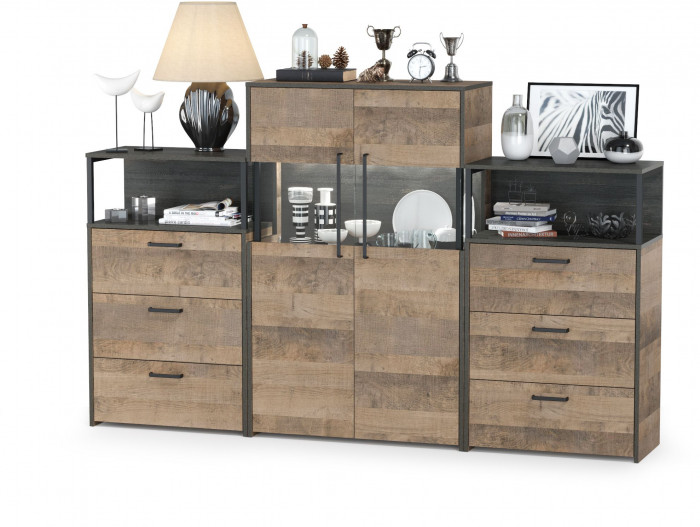 Трувор 13.306 Комод с витриной + 13.307.02 Комод с ящиками + 13.307.02 Комод с ящ., цвет дуб гранж песочный/интра, ШхГхВ 217,8х37х135,3 см., ун. сб.