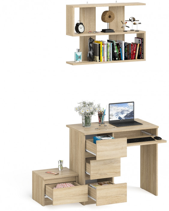 Мори компьютерный стол МС-6 левый + Тумба ТМП400.1 + Полка 900, дуб сонома