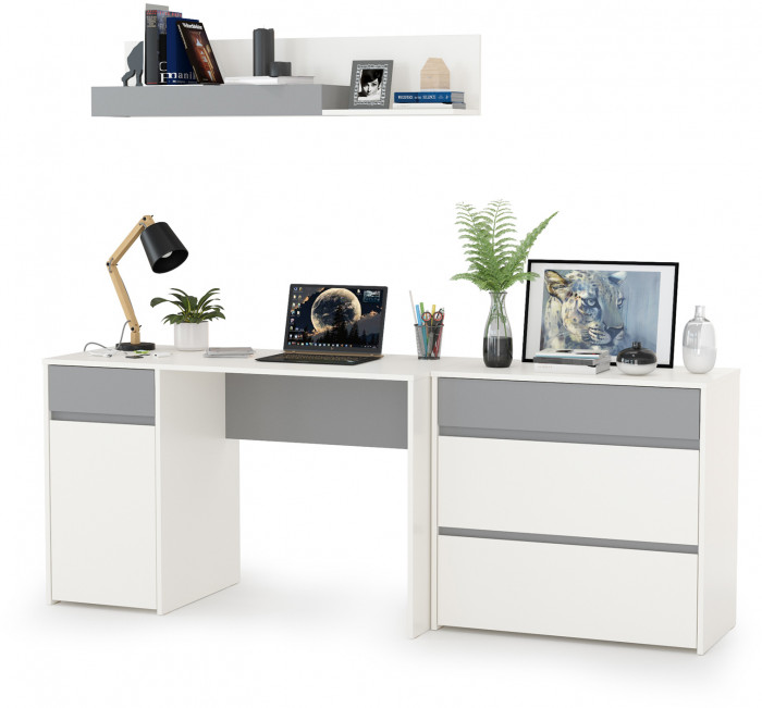 Торонто 12.149 Стол + 13.321 Комод + 16.475 Полка, цвет белый шагрень/стальной серый, ШхГхВ 200х53,1х150 см., универсальная сборка