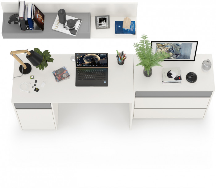 Торонто 12.149 Стол + 13.321 Комод + 16.475 Полка, цвет белый шагрень/стальной серый, ШхГхВ 200х53,1х150 см., универсальная сборка