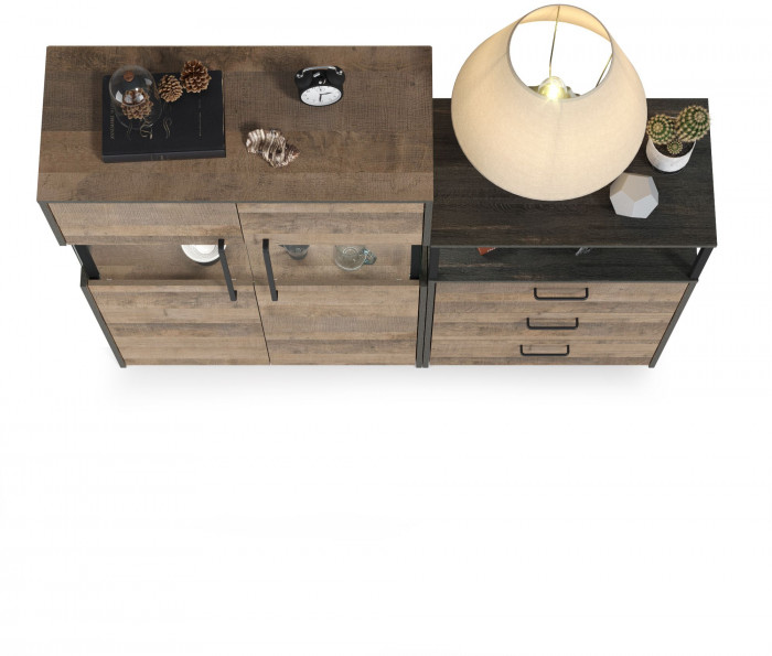 Трувор 13.306 Комод с витриной + 13.307.02 Комод с ящиками, цвет дуб гранж песочный/интра, ШхГхВ 151,8х37х135,3 см., универсальная сборка