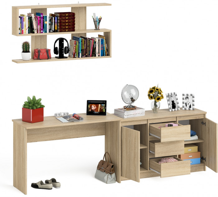 Мори письменный стол МСП1200.1 + Комод МК1200.3 + Полка 1200, дуб сонома