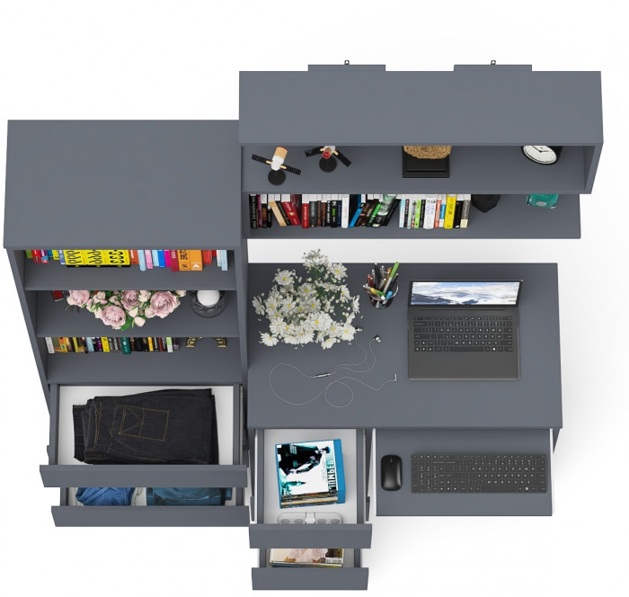 Мори Стол компьютерный МС-6 левый + Стеллаж МСТ600.3 + Полка 900, цвет графит, ШхГхВ 150,4х50х209,6 см., НЕ универсальная сборка