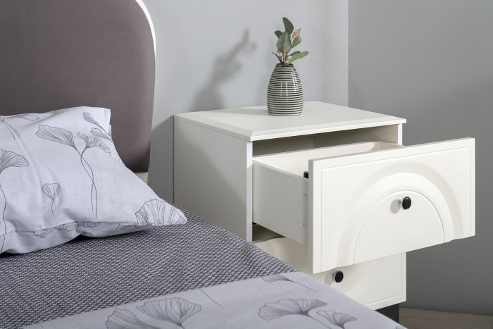 Валенсия Спальня № 32, цвет ЛДСП белый шагрень/МДФ белый шагрень/ткань велутто 19, ортопед есть, сп. м. 1600х2000 мм., б/м