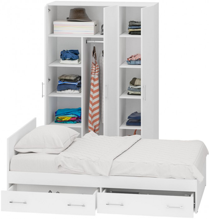 Спальня Стандарт 1-1200Я, цвет белый, ШхГхВ 123,5х203,5х70 + 135х52х200 см., сп.м. 1200х2000 мм., без матраса, основание есть