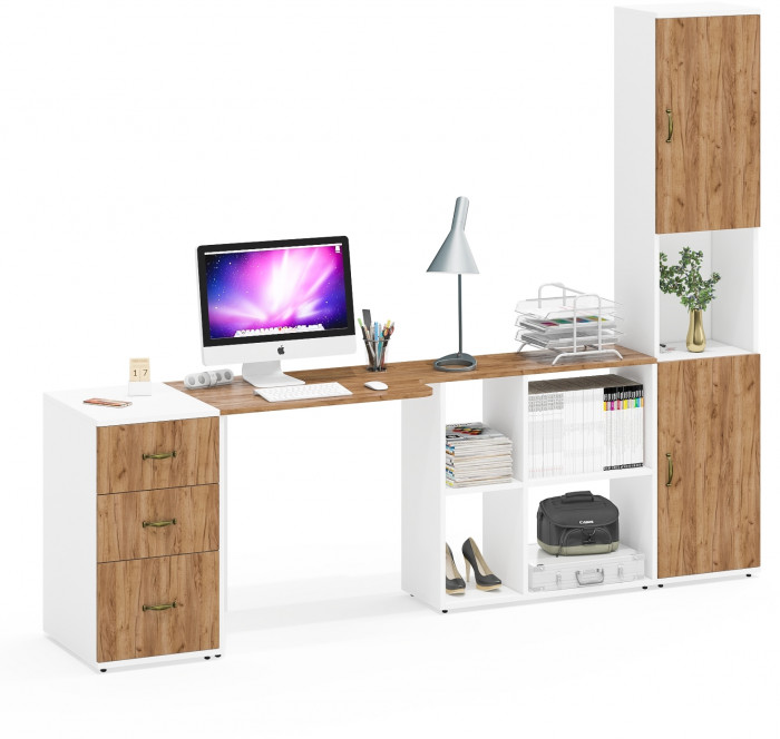 Лидер-8 Стол + Тумба МД 3.16 + Пенал, белый шагрень/крафт золото