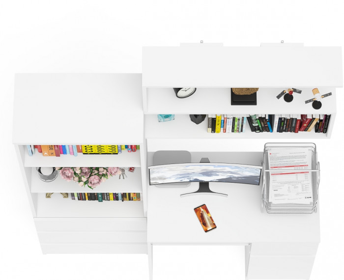 Мори компьютерный стол МС-1 правый + Стеллаж МСТ600.3 + Полка 900, белый