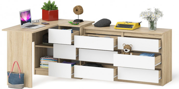 Мори Стол компьютерный МС-16 правый + Комод МК1200.6, цвет дуб сонома/белый, ШхГхВ 244,8х84,9х76,6 см., выдвижные ящики справа, НЕ универс. сборка