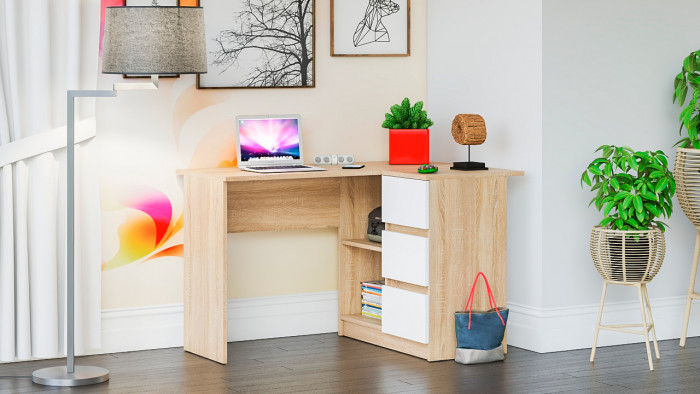 Мори Стол компьютерный МС-16 правый, цвет дуб сонома/белый, ШхГхВ 124,4х84,9х76,6 см., выдвижные ящики справа, НЕ универсальная сборка