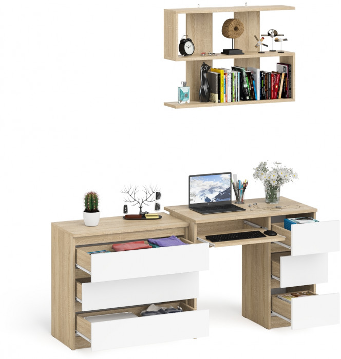 Мори Стол компьютерный МС-6 правый + Комод МК800.1 + Полка 900, цвет дуб сонома/белый, ШхГхВ 170,4х50х209,6 см., НЕ универсальная сборка