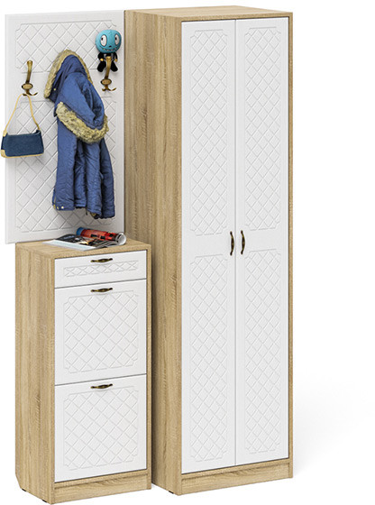 Прихожая П-6 Компоновка № 18, дуб сонома/фасады МДФ белое дерево фрезеровка ромб