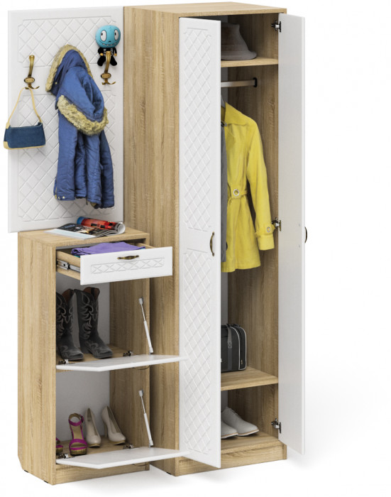 Прихожая П-6 Компоновка № 18, дуб сонома/фасады МДФ белое дерево фрезеровка ромб