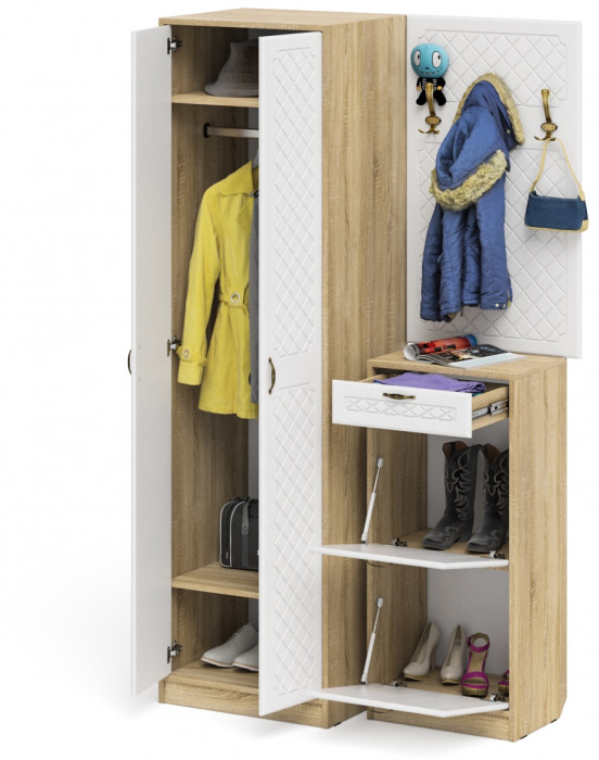 Прихожая П-6 Компоновка № 18, дуб сонома/фасады МДФ белое дерево фрезеровка ромб