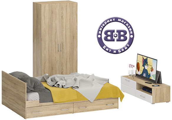 Спальня Стандарт 3-1400, дуб сонома/фасады ТВ тумбы МДФ белый глянец