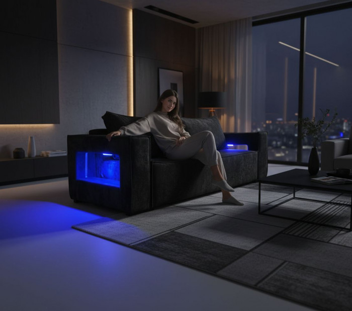 Диван-кровать Лофт Люкс Плюш с подсветкой, еврокнижка, 140х195, черный