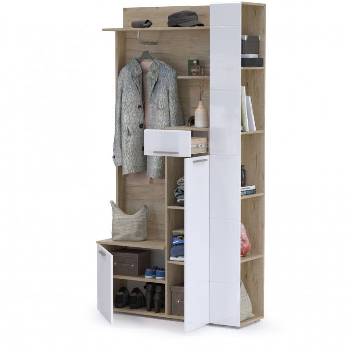 Лайн Прихожая № 06, дуб крафт серый/фасады МДФ белый глянец