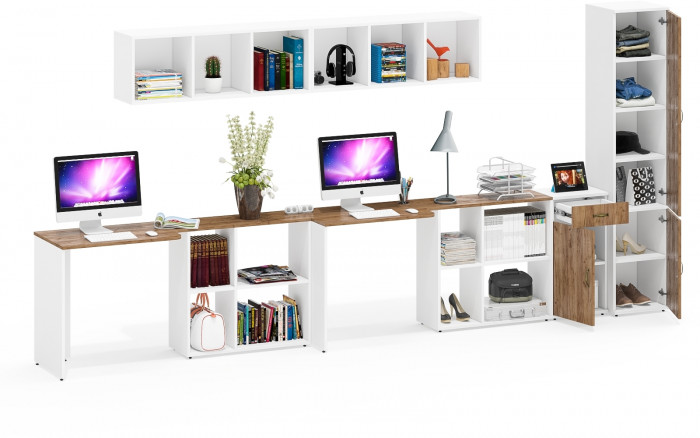 Лидер-8 Стол + Полка + Стол + Полка + Пенал МД 22Б + Тумба МД 3.15, белый шагрень/крафт золото