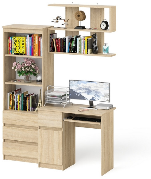 Мори компьютерный стол МС-1 левый + Стеллаж МСТ600.3 + Полка 900, дуб сонома