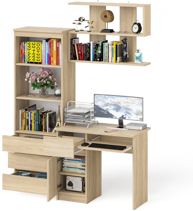 Мори компьютерный стол МС-1 левый + Стеллаж МСТ600.3 + Полка 900, дуб сонома
