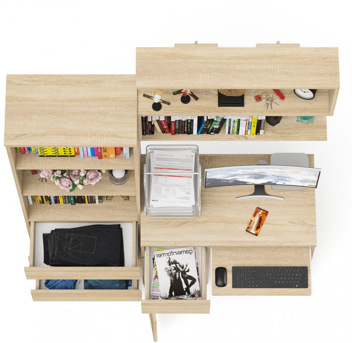 Мори компьютерный стол МС-1 левый + Стеллаж МСТ600.3 + Полка 900, дуб сонома